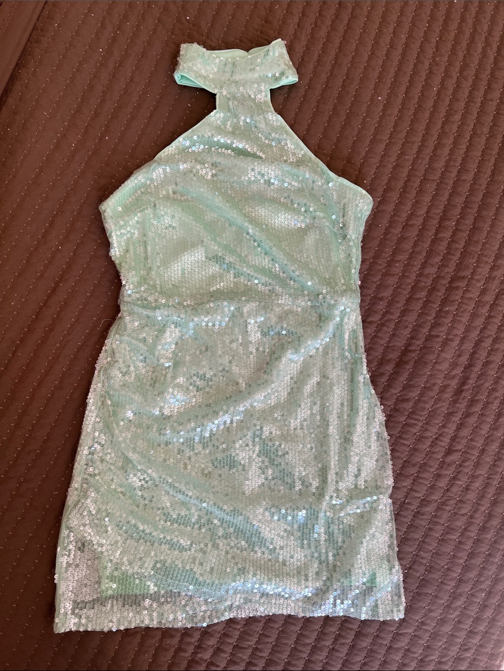 Lulu's Mint Sequin One-Shoulder Halter Dress